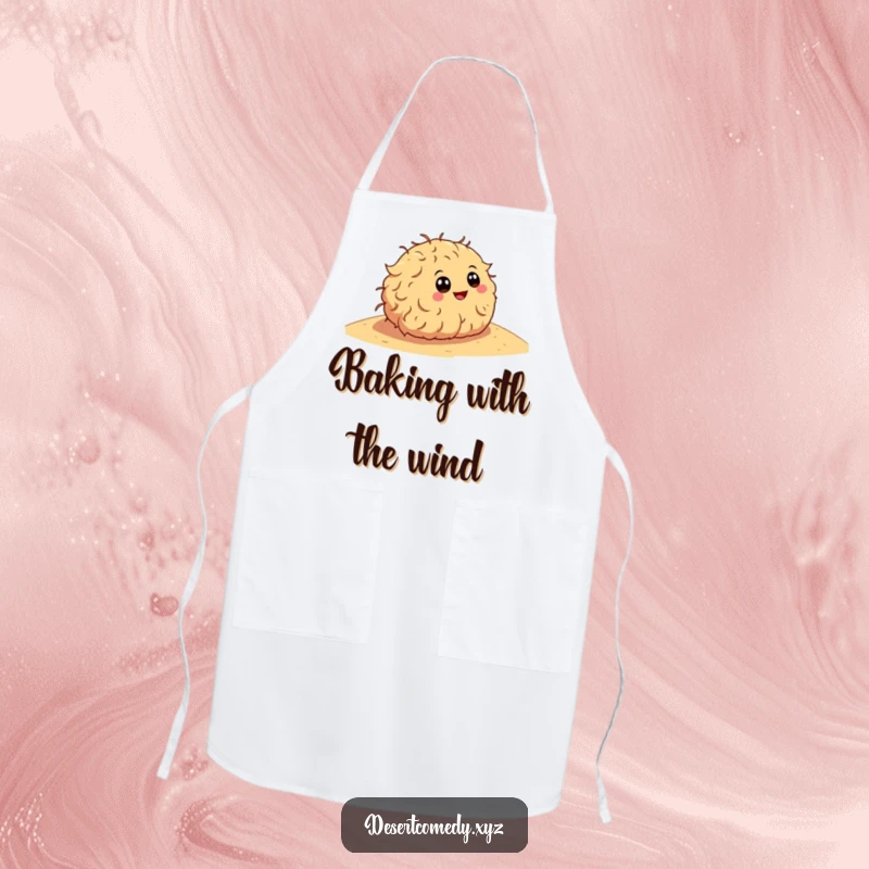 Funny apron showcasing a happy tumbleweed with cartoon eyes, rolling down a sandy dune, perfect for adding humor to cooking.