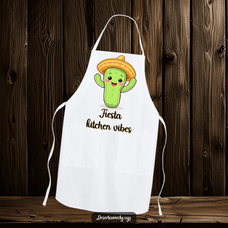 Funny cactus apron with a smiling face and tiny sombrero, energetically doing a jig while cooking.