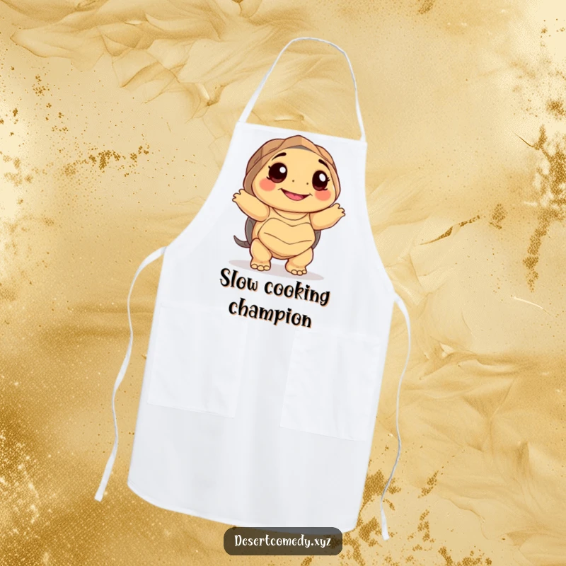 Funny apron showcasing a smiling desert tortoise with big happy eyes, dancing awkwardly with a charmingly joyful expression.