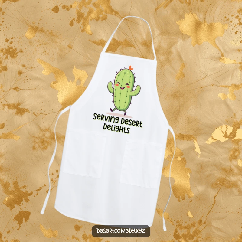 Funny apron showcasing a smiling saguaro cactus with tiny walking legs, joyfully skipping, perfect for adding humor to kitchen tasks.