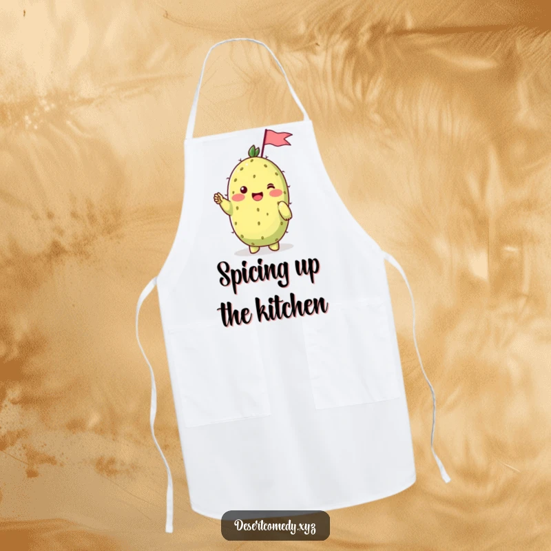 Funny apron showcasing a cheerful prickly pear cactus with shy blushing cheeks, waving a tiny flag, perfect for adding humor to kitchen tasks.
