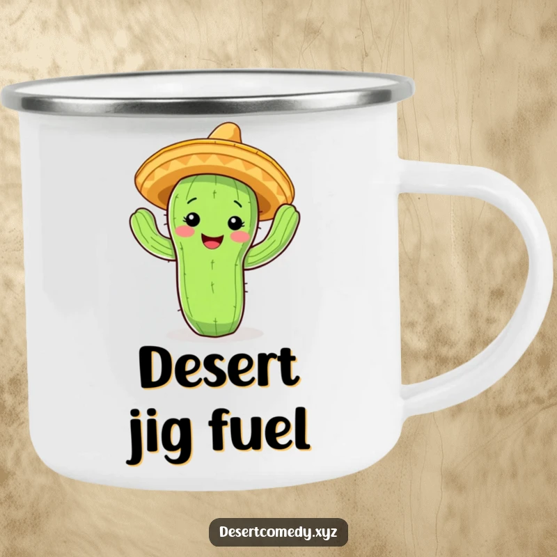Funny cactus camping mug with a smiling face and tiny sombrero, doing a jig, ready for outdoor fun.