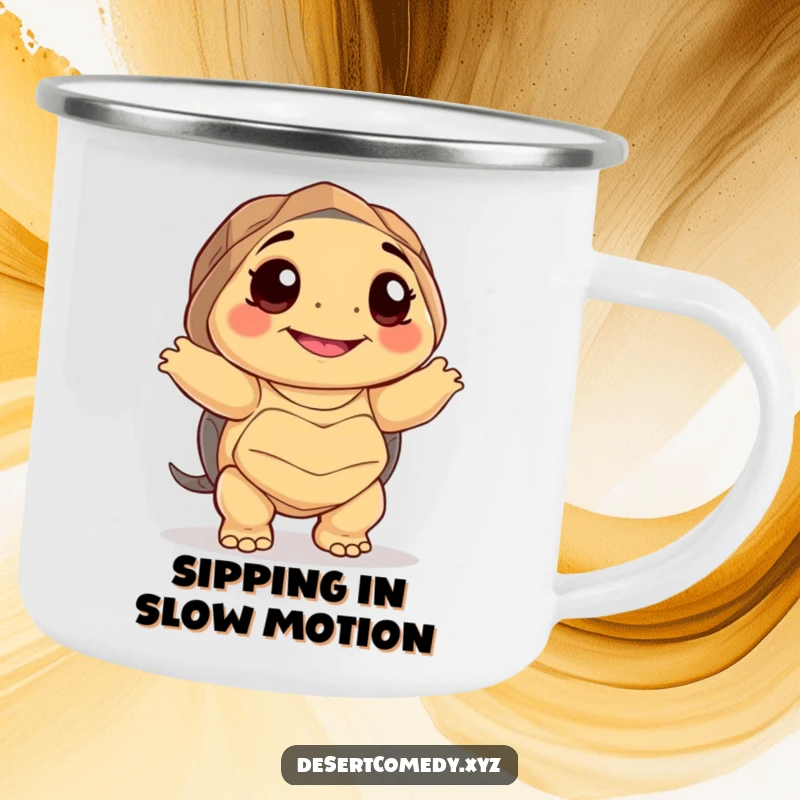 Funny camping mug with a smiling desert tortoise on big happy eyes, dancing awkwardly, ideal for outdoor enthusiasts.