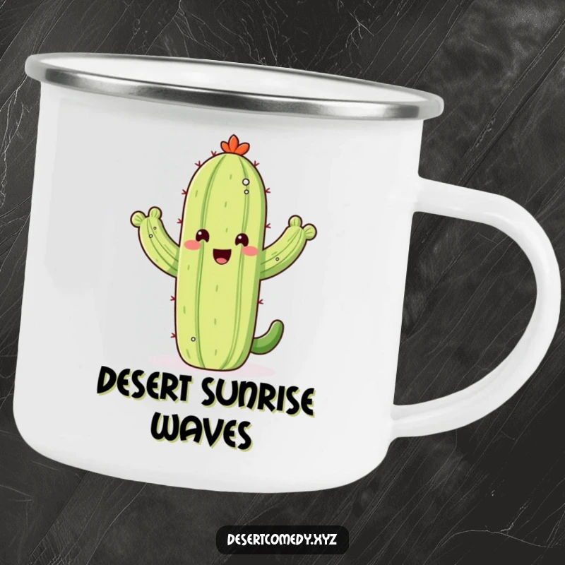 Funny camping mug featuring a happy saguaro cactus waving its arms gleefully, ready for any outdoor adventure.