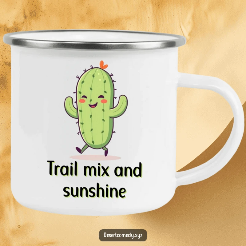 Funny camping mug with a smiling saguaro cactus on tiny legs, joyfully skipping, ideal for outdoor enthusiasts with a sense of humor.