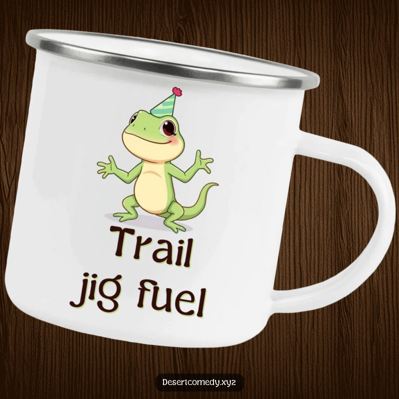 Funny camping mug with a giggling lizard wearing a party hat, enjoying a silly jig, ready for outdoor adventures and campfire stories.