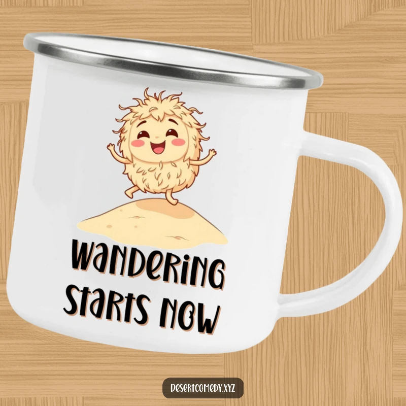 Funny camping mug featuring a smiling tumbleweed bouncing along a sandy dune, ready for your outdoor adventures and laughter.