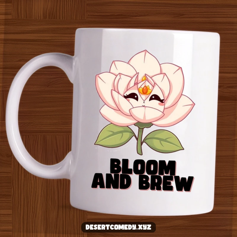 Funny desert rose bloom mug with simple eyes, depicted giggling vibrantly with infectious delight.