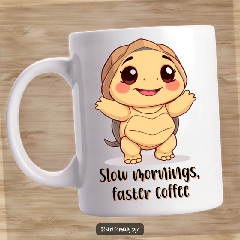 Funny mug featuring a smiling desert tortoise with large, happy eyes, performing an awkwardly joyful dance on a sandy background.