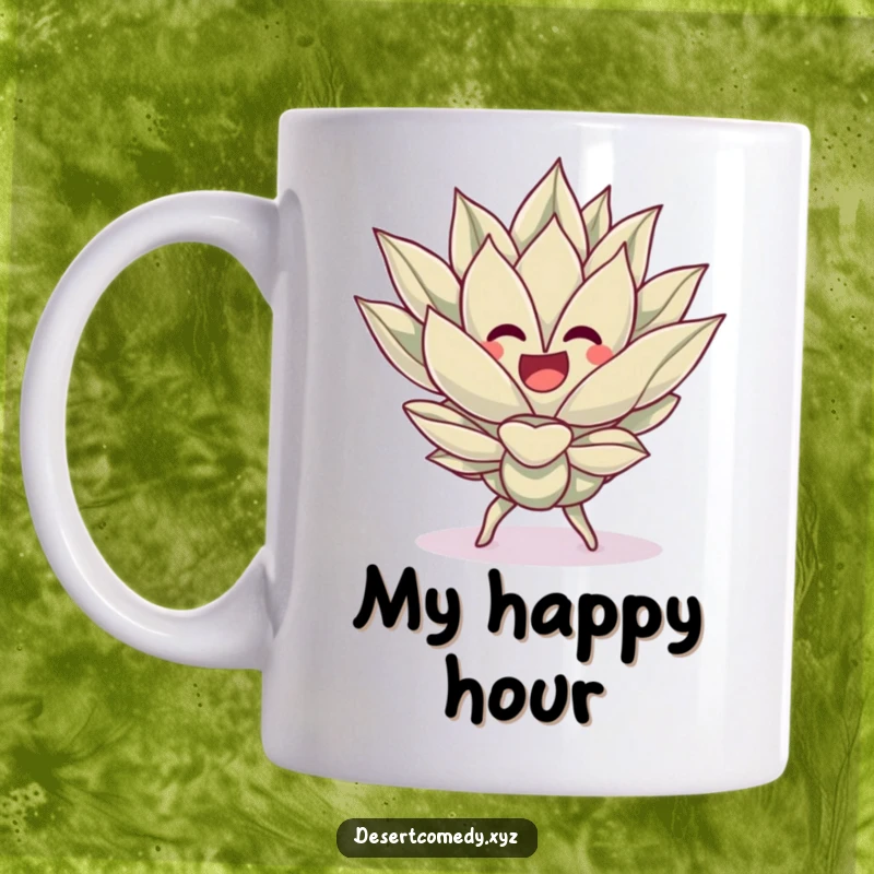 Funny mug depicting a cheerful agave plant joyfully doing a silly little dance, embodying festive desert spirit.