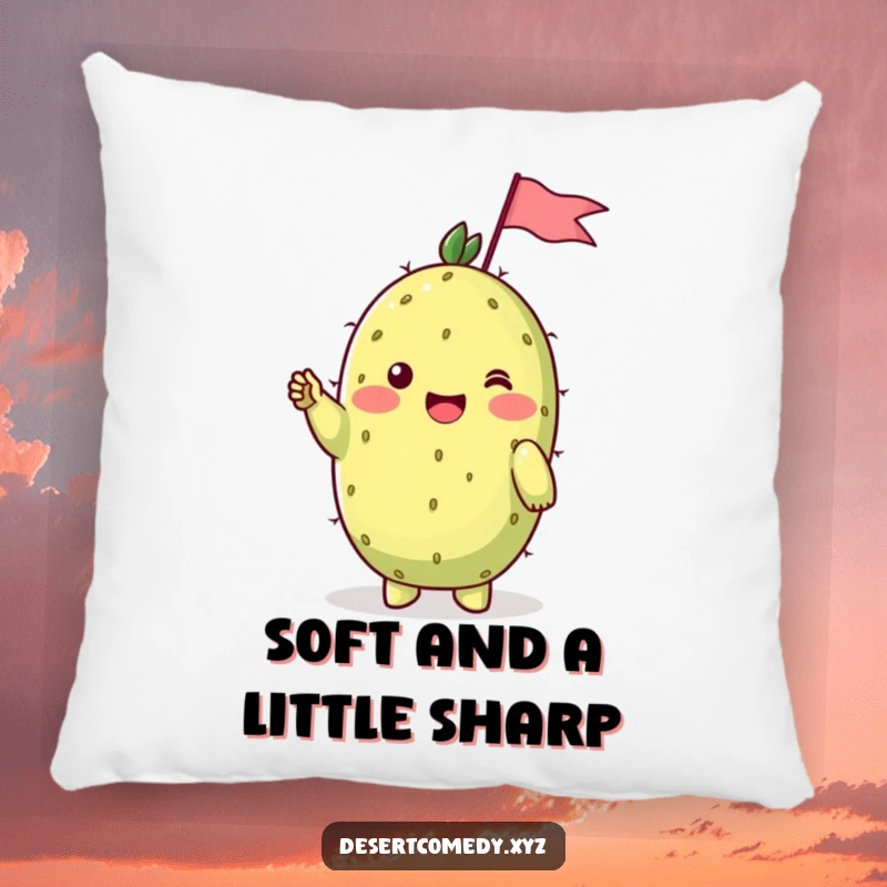 Funny pillow with a cheerful prickly pear cactus on shy blushing cheeks, waving a tiny flag, offering both comfort and cute desert aesthetics.
