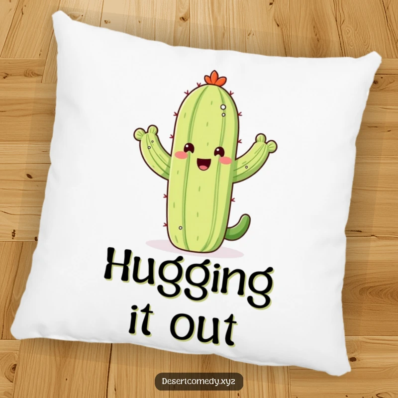 Funny decorative pillow featuring a smiling saguaro cactus waving its arms with glee, offering comfort and desert-themed humor.