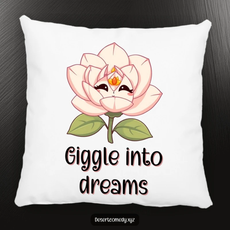 Funny desert rose pillow with simple eyes, giggling vibrantly, offering comfort and cheerful vibes.