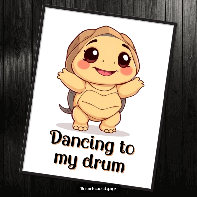 Funny digital art print of a smiling desert tortoise with big happy eyes, dancing awkwardly, perfect for instant download.