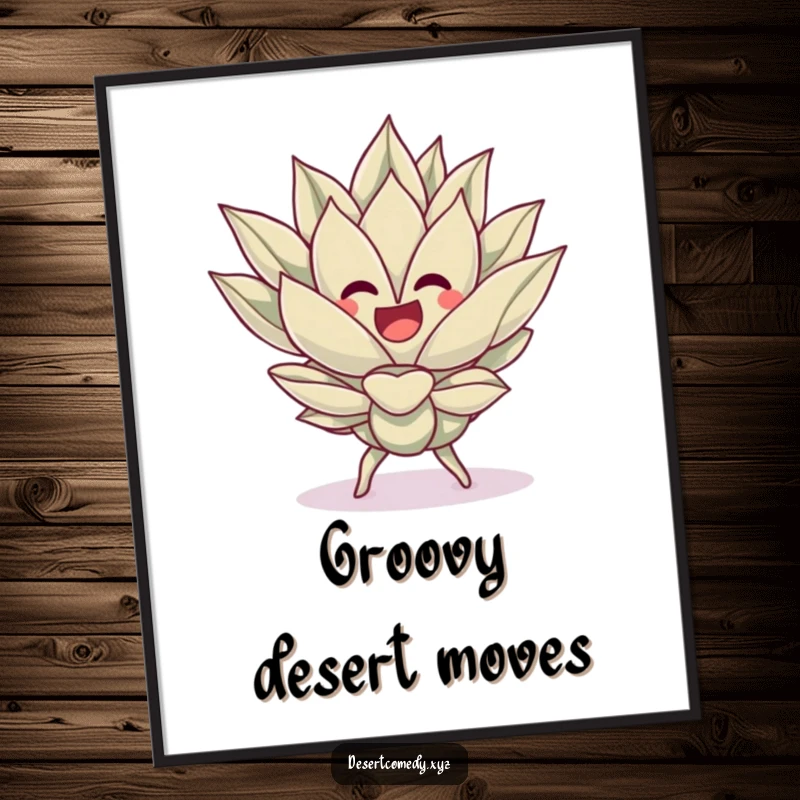 Funny digital art print of a cheerful agave plant doing a silly dance, capturing the essence of desert celebration.