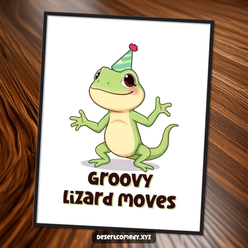 Funny digital art print of a giggling lizard wearing a party hat, enthusiastically doing a silly jig, ready to be printed and displayed.