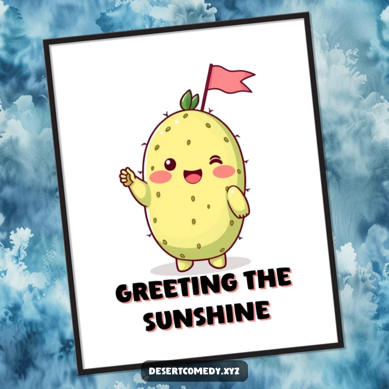 Funny digital art print of a cheerful prickly pear cactus with shy blushing cheeks, waving a tiny flag, perfect for instant download.