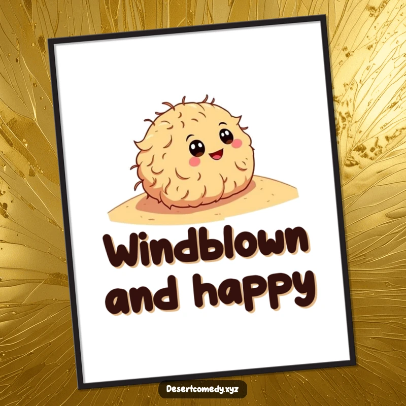 Funny digital art print of a happy tumbleweed with cartoon eyes, rolling down a sandy desert dune, perfect for instant download.