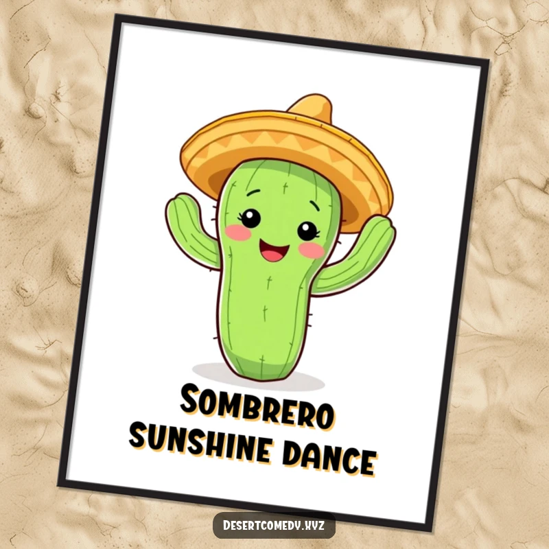 Funny cactus digital art of a smiling cactus wearing a tiny sombrero, enthusiastically performing a lively jig.