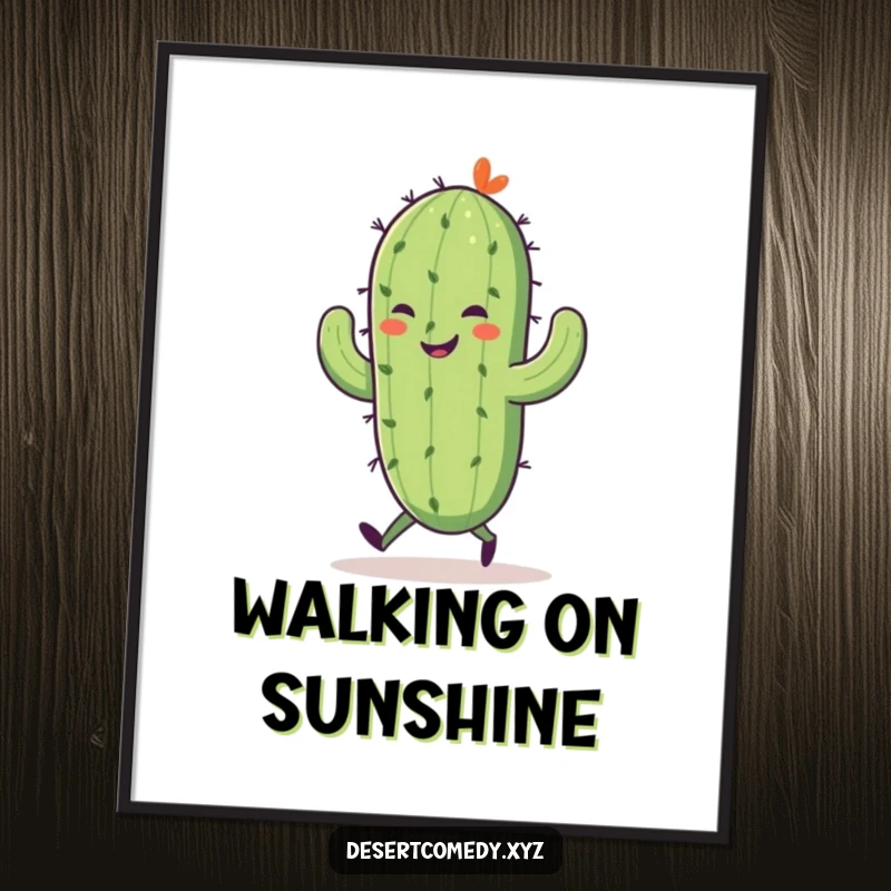 Funny digital art print of a smiling saguaro cactus with tiny walking legs, joyfully skipping, perfect for instant download and decor.