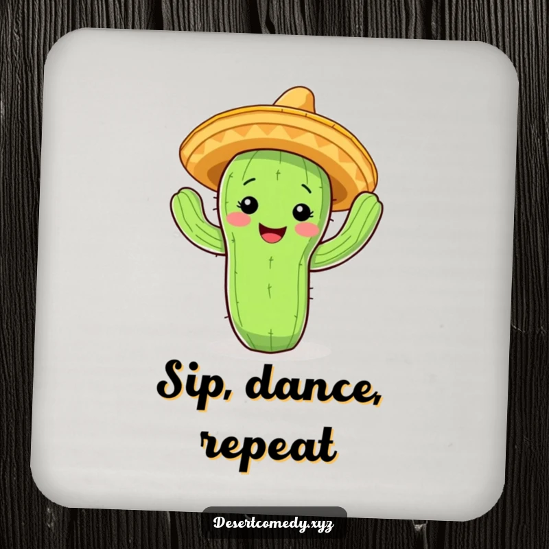 Funny cactus drink coaster with a smiling face and tiny sombrero, doing a jig, protecting your surfaces.