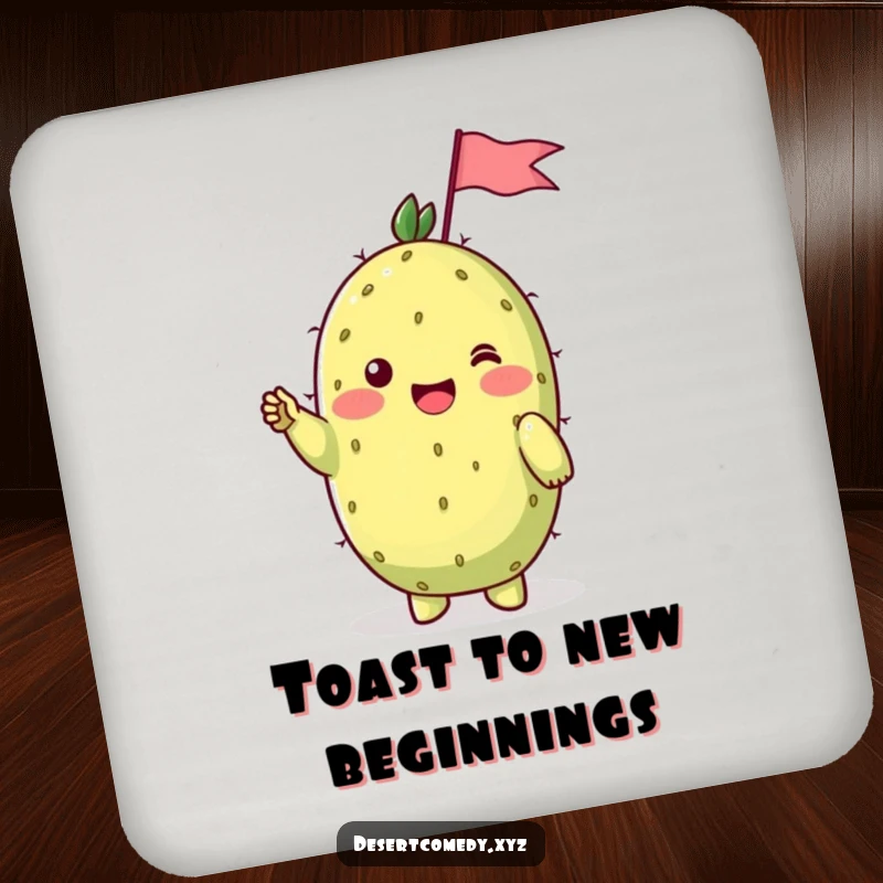 Funny drink coasters featuring a cheerful prickly pear cactus with shy blushing cheeks, waving a tiny flag, perfect for adding humor.