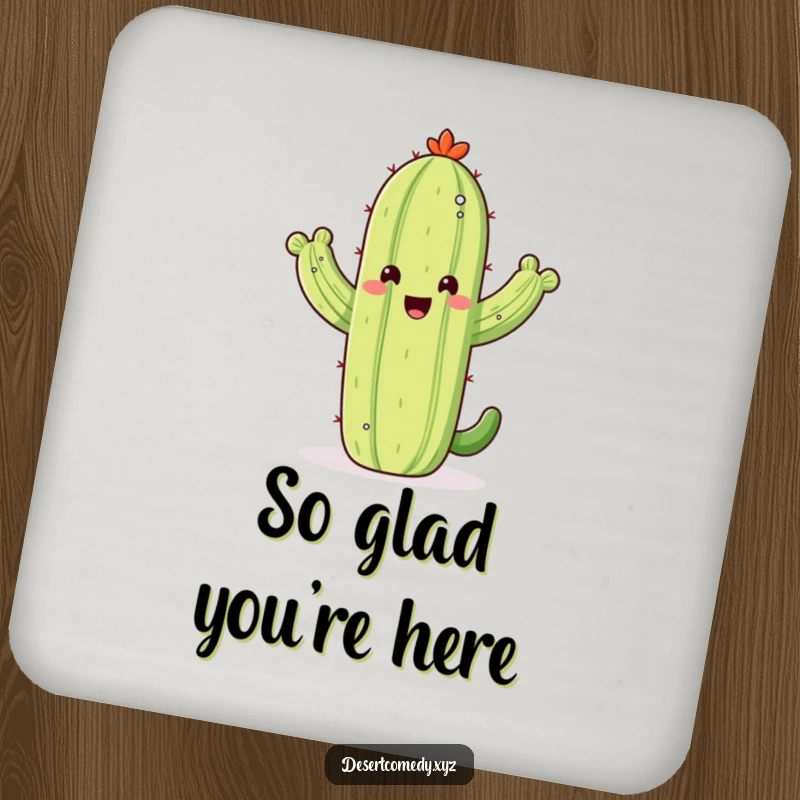 Funny drink coasters featuring a happy saguaro cactus waving its arms joyfully, adding desert charm and humor to surfaces.
