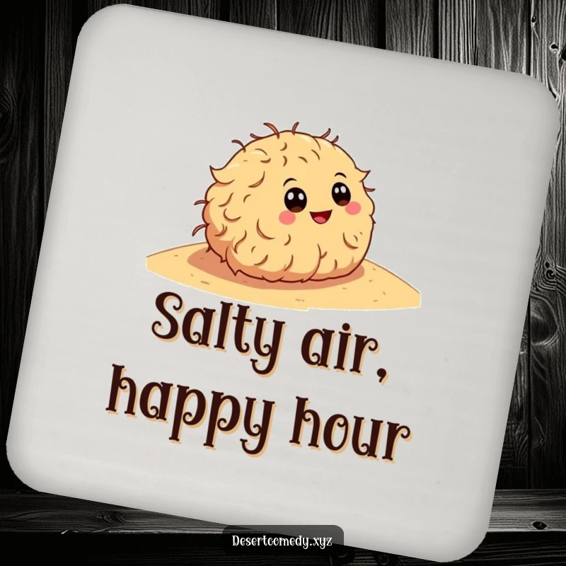 Funny drink coasters featuring a happy tumbleweed with cartoon eyes, rolling down a sandy dune, perfect for adding humor to any setting.