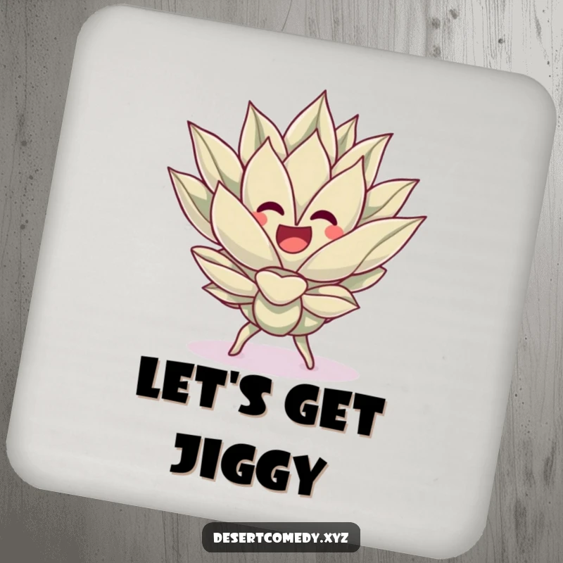 Funny drink coasters featuring a cheerful agave plant doing a silly dance, bringing festive desert humor to any surface.