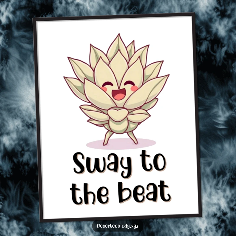 Funny poster of a cheerful agave plant engaged in a silly, energetic dance, bringing a fiesta vibe to any room.