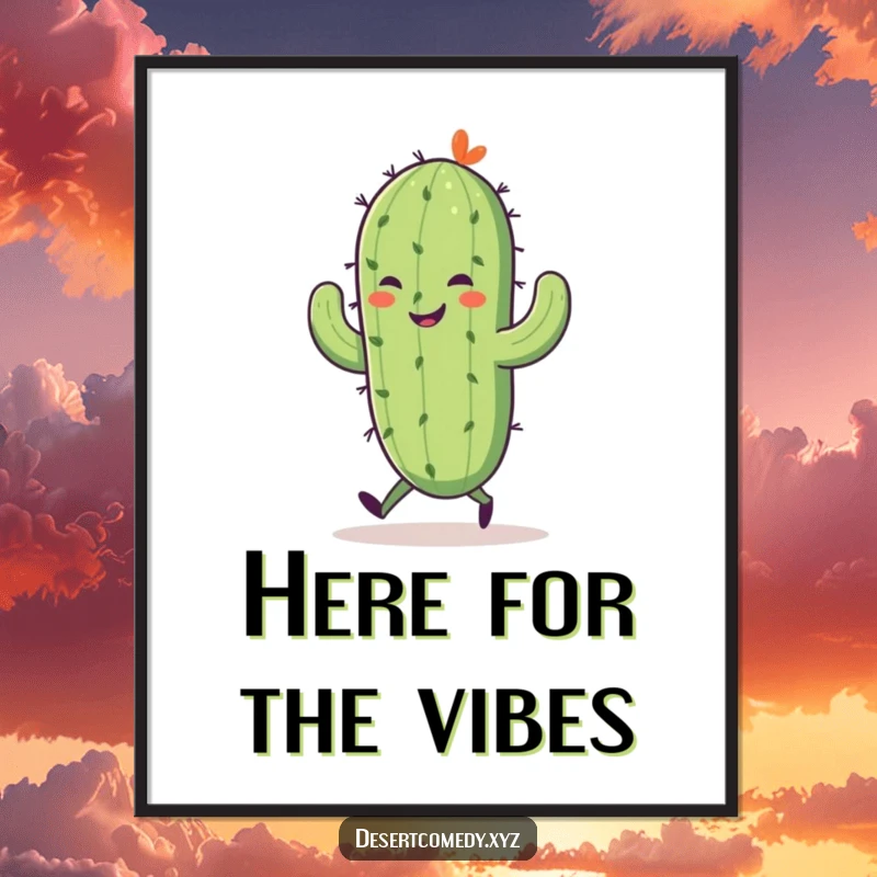Funny poster of a smiling saguaro cactus with tiny walking legs, joyfully skipping through a vibrant desert landscape.