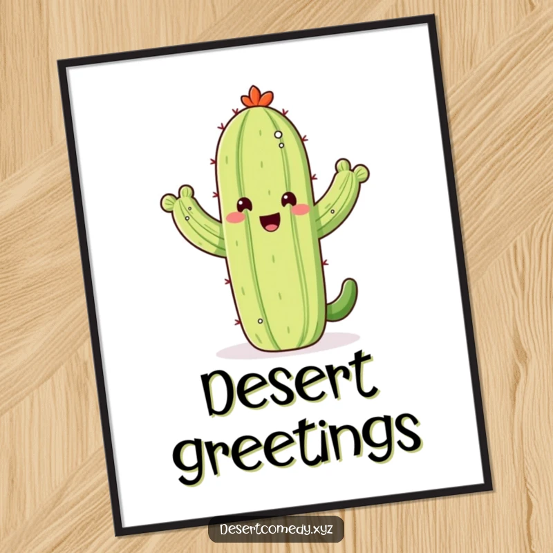 Funny poster of a happy saguaro cactus enthusiastically waving its arms in greeting against a bright desert backdrop.