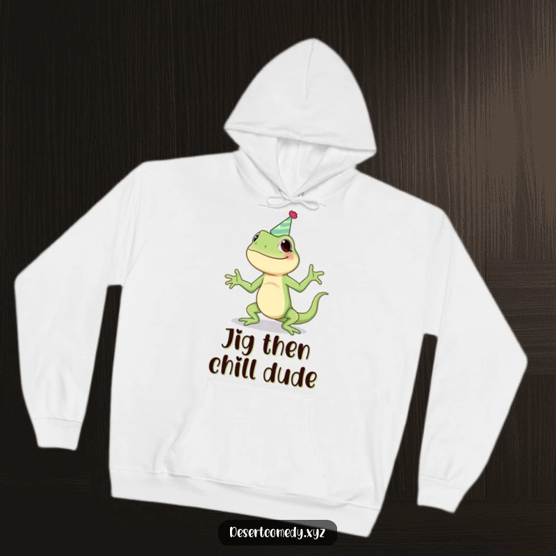Funny hoodie showing a giggling lizard wearing a party hat, enthusiastically doing a silly jig, radiating fun and party vibes.