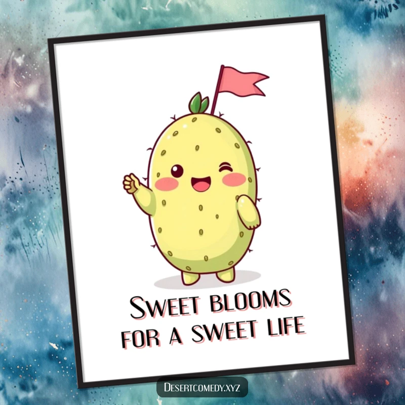 Funny Free Printable Wall Art: A cheerful prickly pear with shy blushing cheeks waves a tiny flag, adding charm.