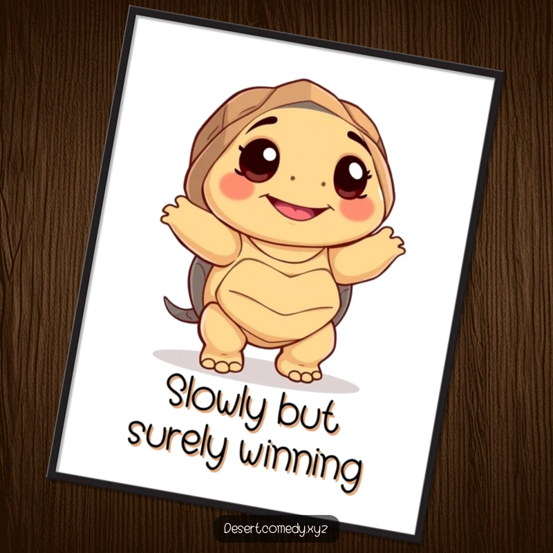 Funny Free Printable Wall Art: A smiling desert tortoise with big happy eyes dances awkwardly, adding quirky charm.