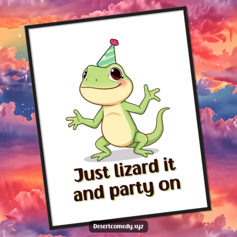 Funny Free Printable Wall Art: A giggling lizard wearing a party hat enthusiastically performs a comedic, silly jig for your decor.