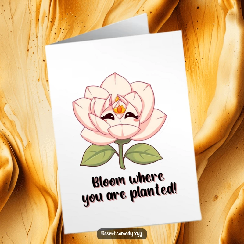 Funny free printable birthday card: A desert rose bloom with simple eyes, giggling vibrantly with birthday cheer.
