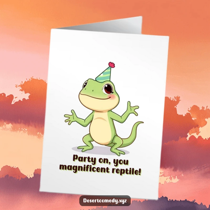 Funny Free Printable Birthday Card: Giggling lizard in a party hat, doing a silly jig with sheer joy, ready to celebrate.