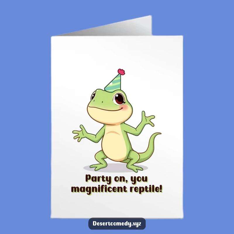 Free Printable Birthday Card: Giggling Lizard Jigging in Party Hat - Funny Downloadable Gift