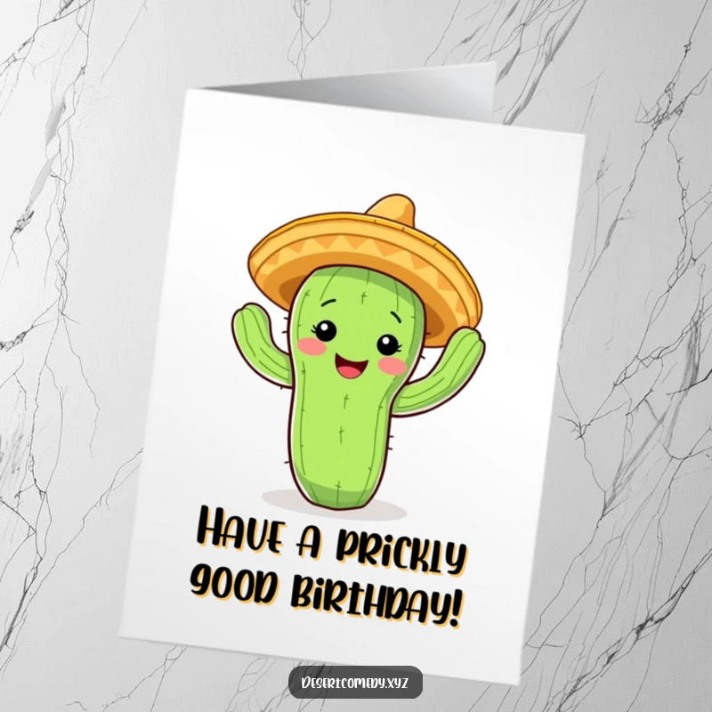Funny free printable birthday card: A smiling cactus wearing a tiny sombrero, energetically doing a happy jig.