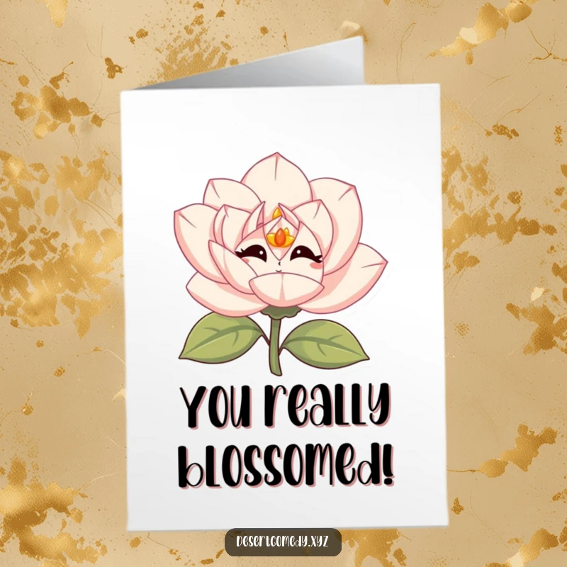 Funny free printable congratulations card: A desert rose bloom with wide, simple eyes, giggling brightly in celebration.