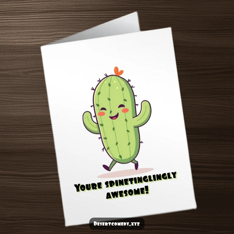 Funny Free Printable Congratulations Card: A smiling saguaro cactus with tiny legs joyfully skips, celebrating a big win.