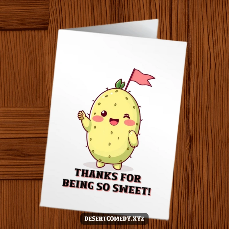 Funny Free Printable Thank You Card: A cheerful prickly pear with shy blushing cheeks waves a tiny flag in thanks.