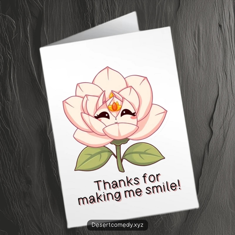 Funny free printable thank you card: A desert rose bloom with simple eyes, giggling vibrantly to express heartfelt thanks.