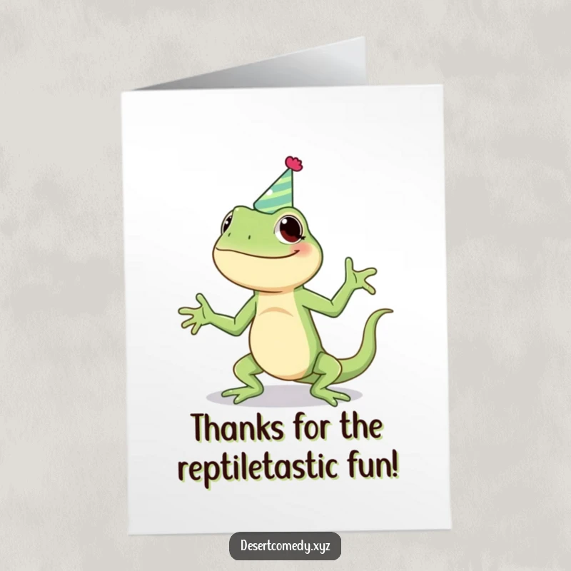 Funny Free Printable Thank You Card: A happy lizard in a party hat is captured mid-silly-jig, conveying cheerful thanks.