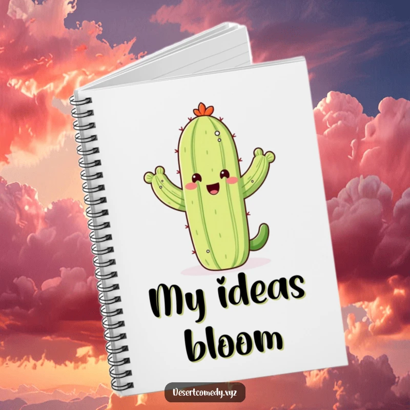 Funny notebook with a happy saguaro cactus waving its arms with glee, inspiring notes and desert-themed reflections.