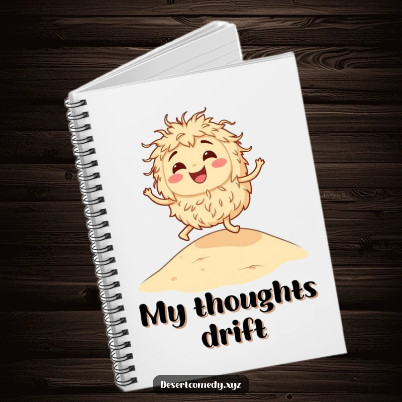 Funny notebook with a smiling tumbleweed playfully bouncing on a sandy dune, inspiring creative writing and desert adventures.