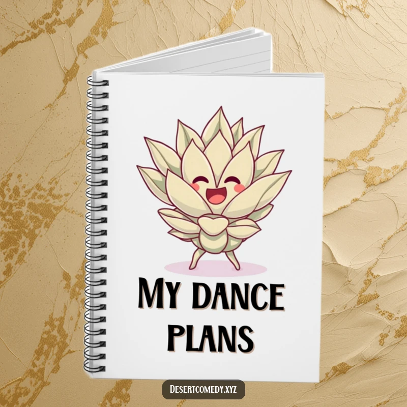 Funny notebook with a cheerful agave plant doing a silly dance, inspiring creative ideas and fiesta-themed notes.