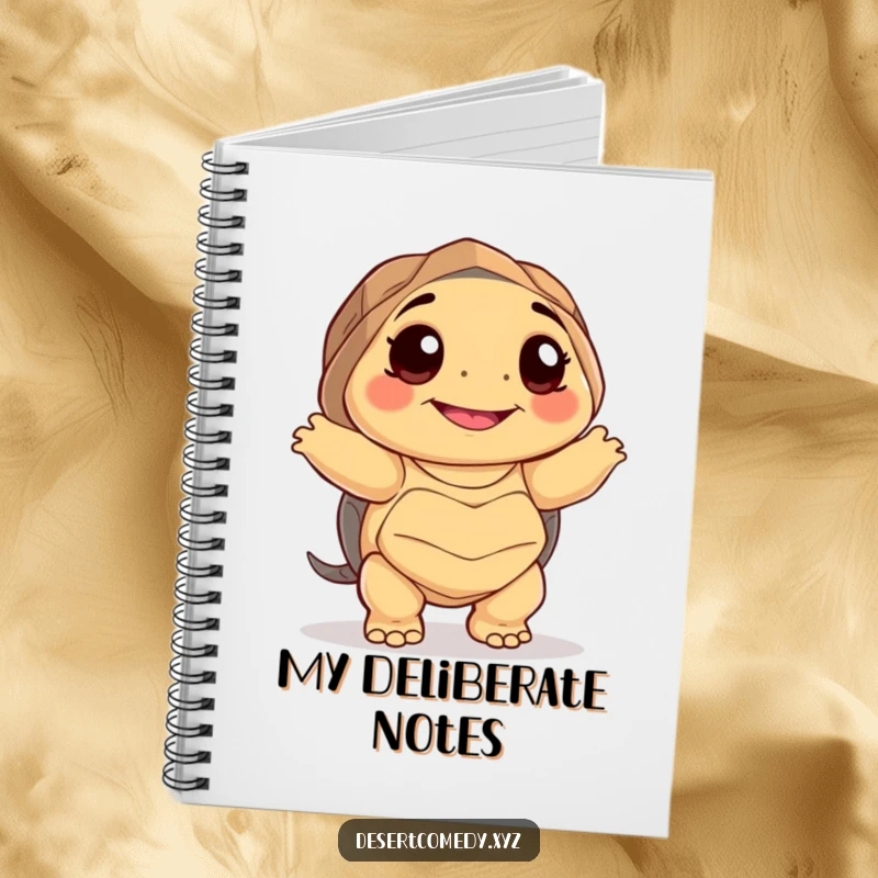 Funny notebook with a smiling desert tortoise with big happy eyes, dancing awkwardly, perfect for noting down joyful and humorous ideas.