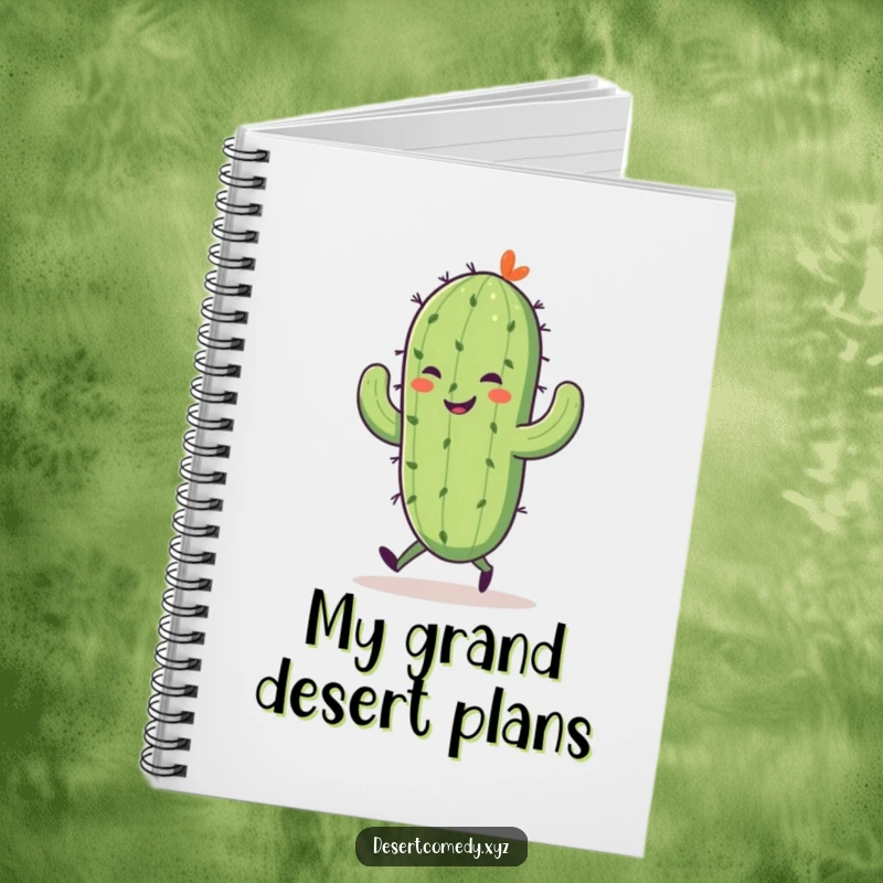 Funny notebook with a smiling saguaro cactus on tiny legs, joyfully skipping, perfect for noting down creative and humorous ideas.